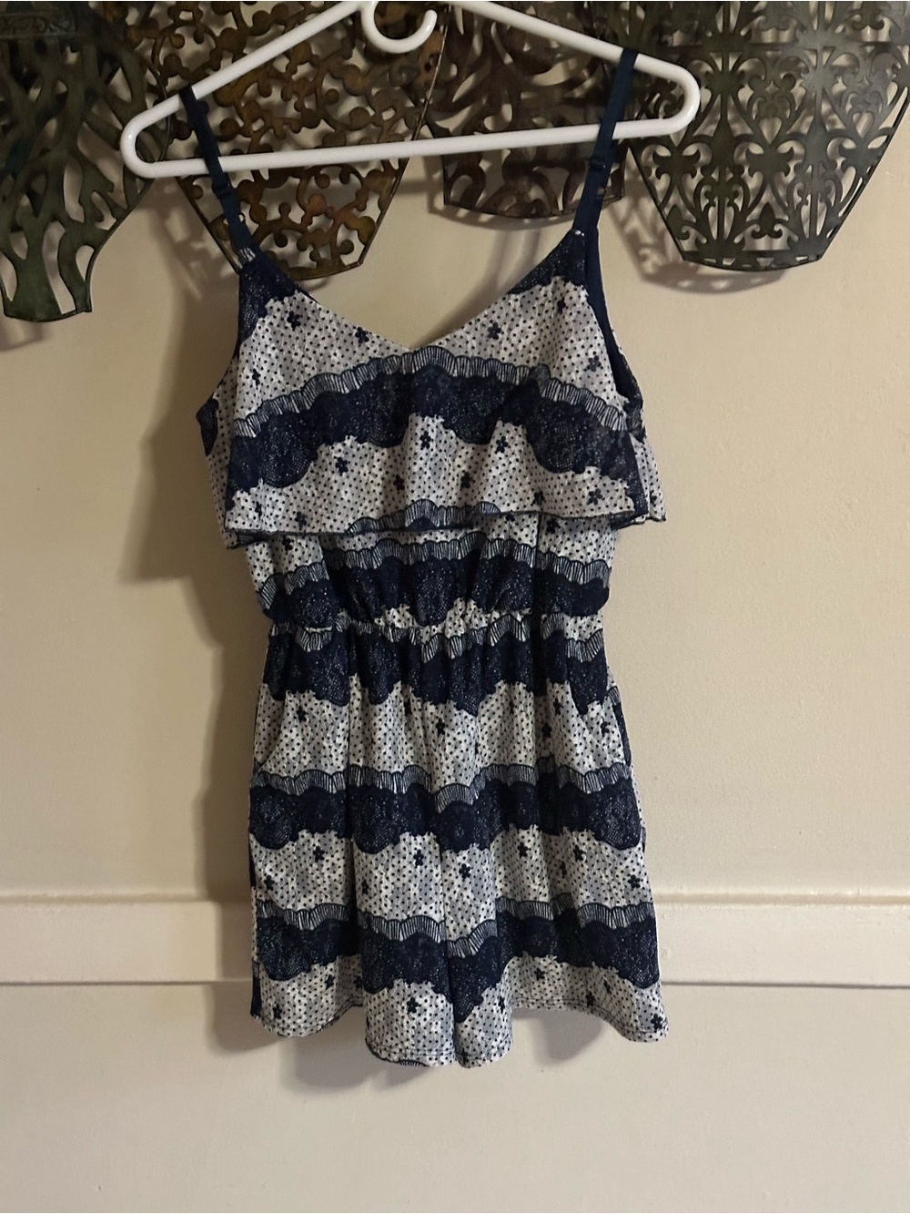 Source Unknown Navy and White Polka Dot Ruffle Strappy Dress